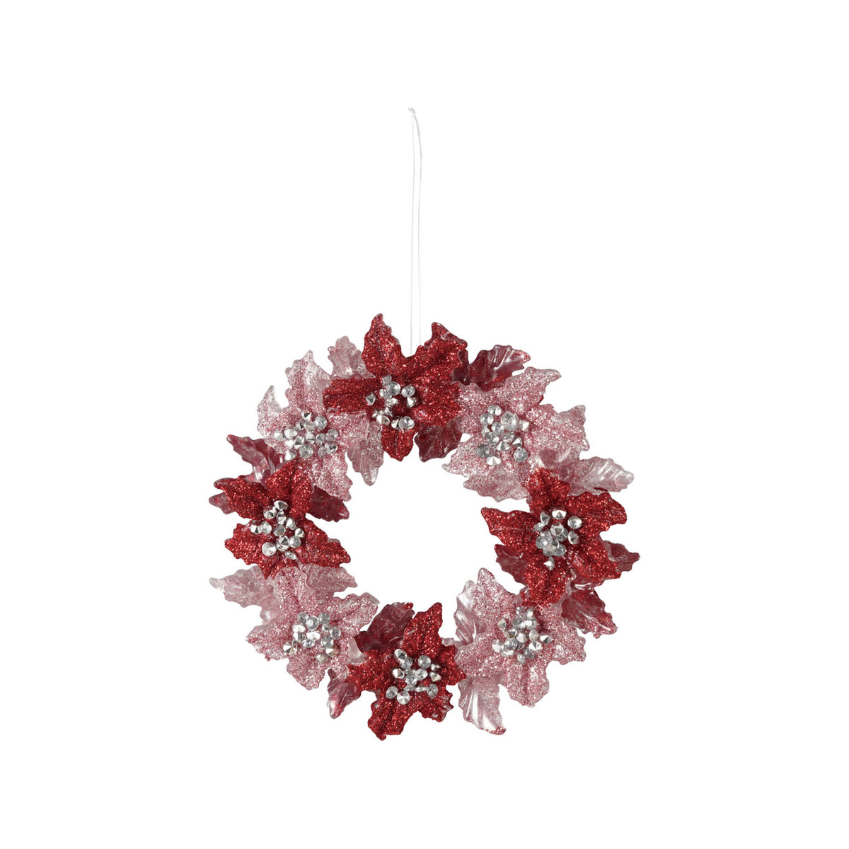 Acrylic Poinsettia Wreath Ornament w Glitter, Red & Pink