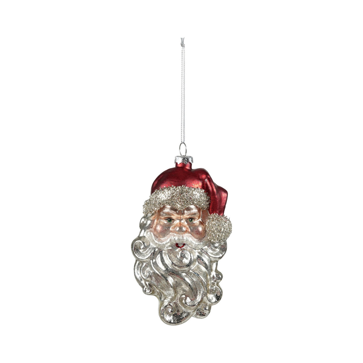 Mercury Glass Santa Head Ornament W Mica Flakes, Multi Color