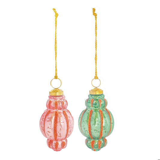 Glass Finial Ornament w Glitter Stripes, 2 Colors