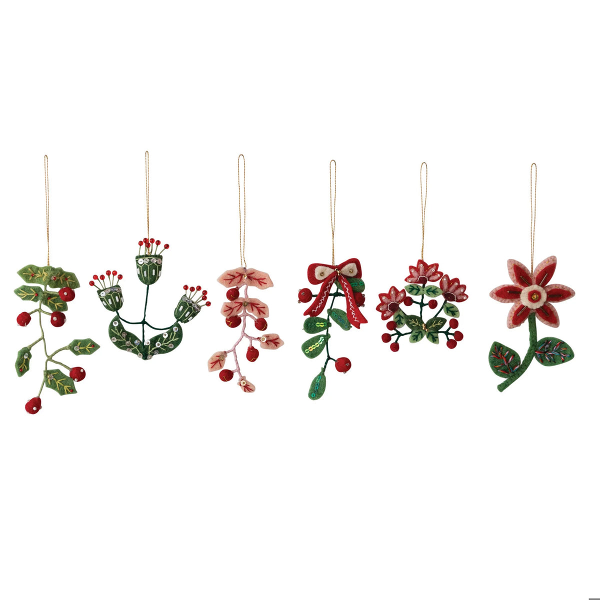 Wool Felt Botanical Ornament w Sequins & Glass Beads, 6 Styles