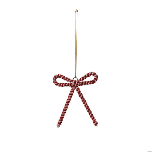 Glass Beaded Metal Bow Ornament, Pink & Red