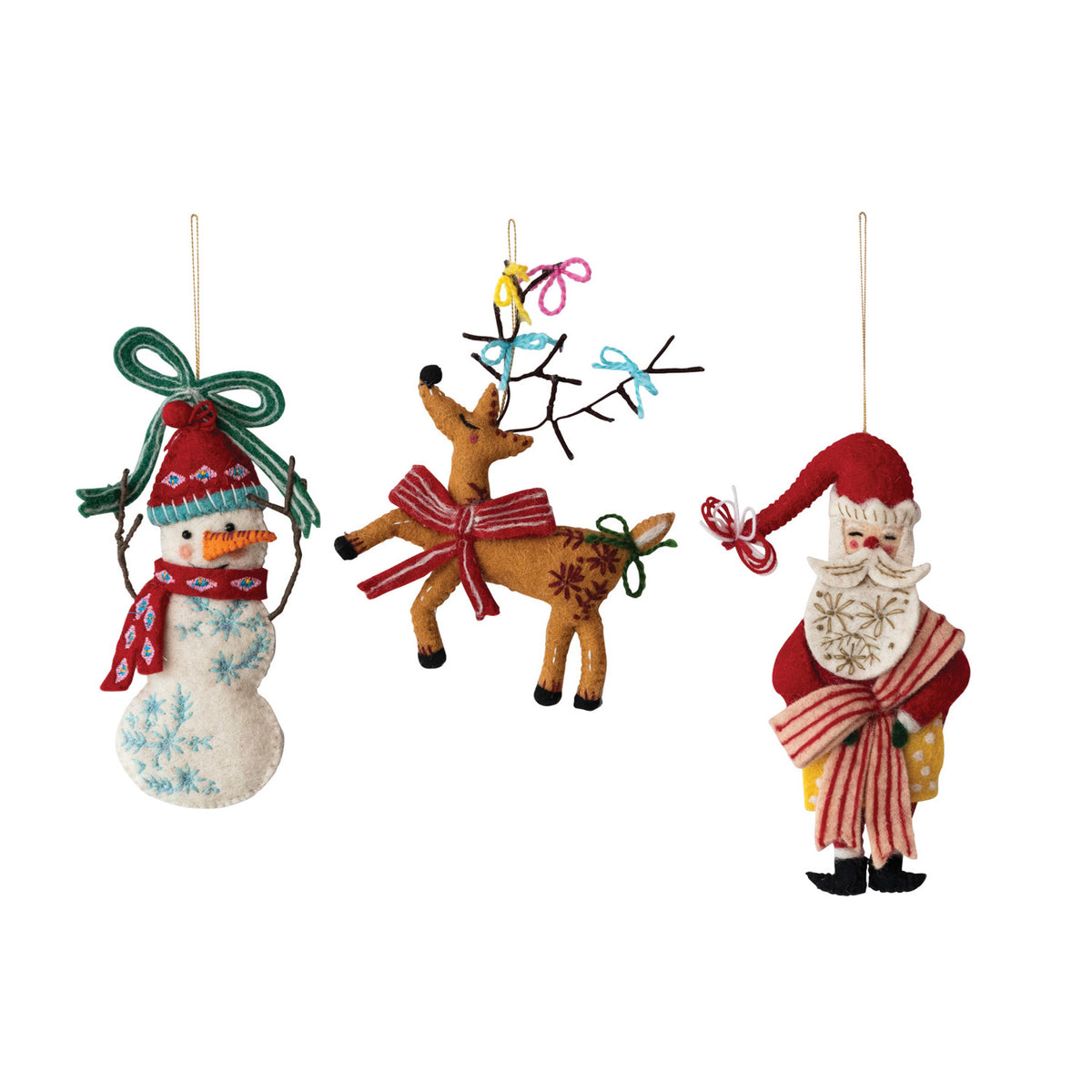 Handmade Wool Felt Holiday Icon Ornament w Embroidery & Beads, 3 Styles
