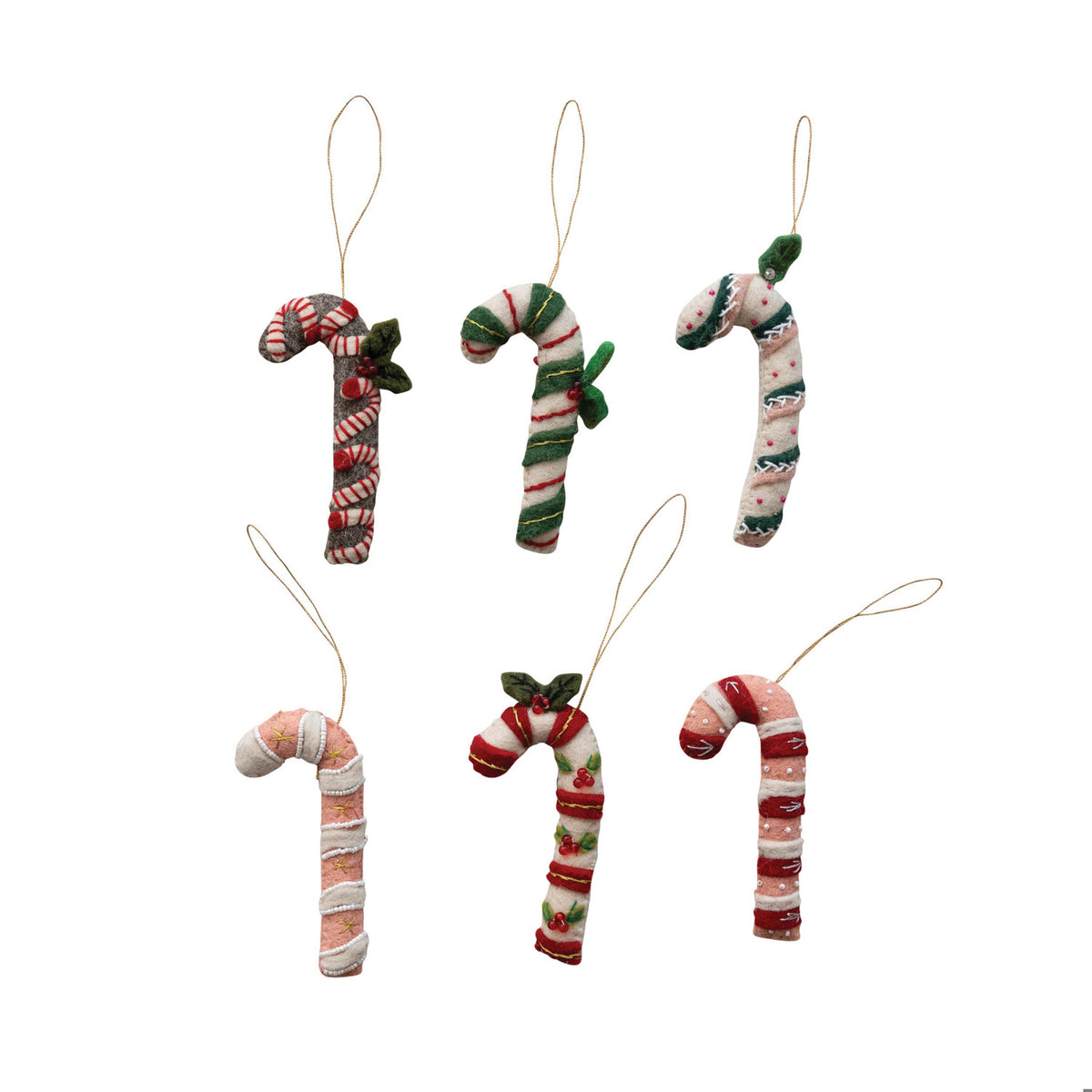Handmade Wool Felt Candy Cane Ornament, 6 Styles