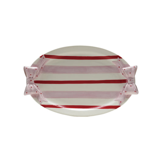 Hand-Painted Stoneware Dish W Bow, White, Pink & Red