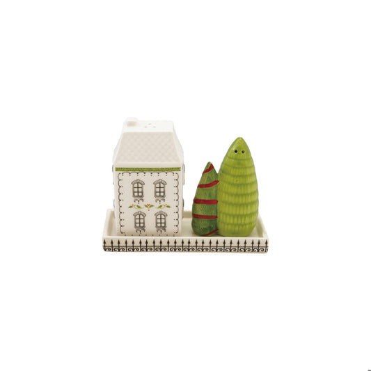 S/3 Ceramic House & Trees, S&P Shakers W Tray, Multi Color