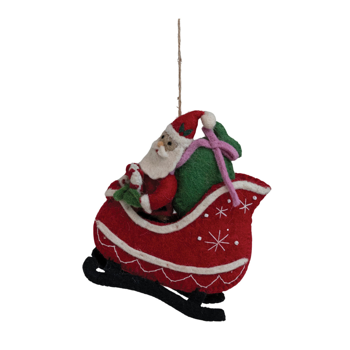 Wool Felt Santa in Sleigh Ornament w Embroidery & Beads